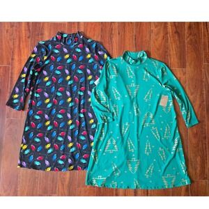 Jollidays Womens Christmas Mock Neck Shift Dress Lot 2 Large Xmas Lights Trees